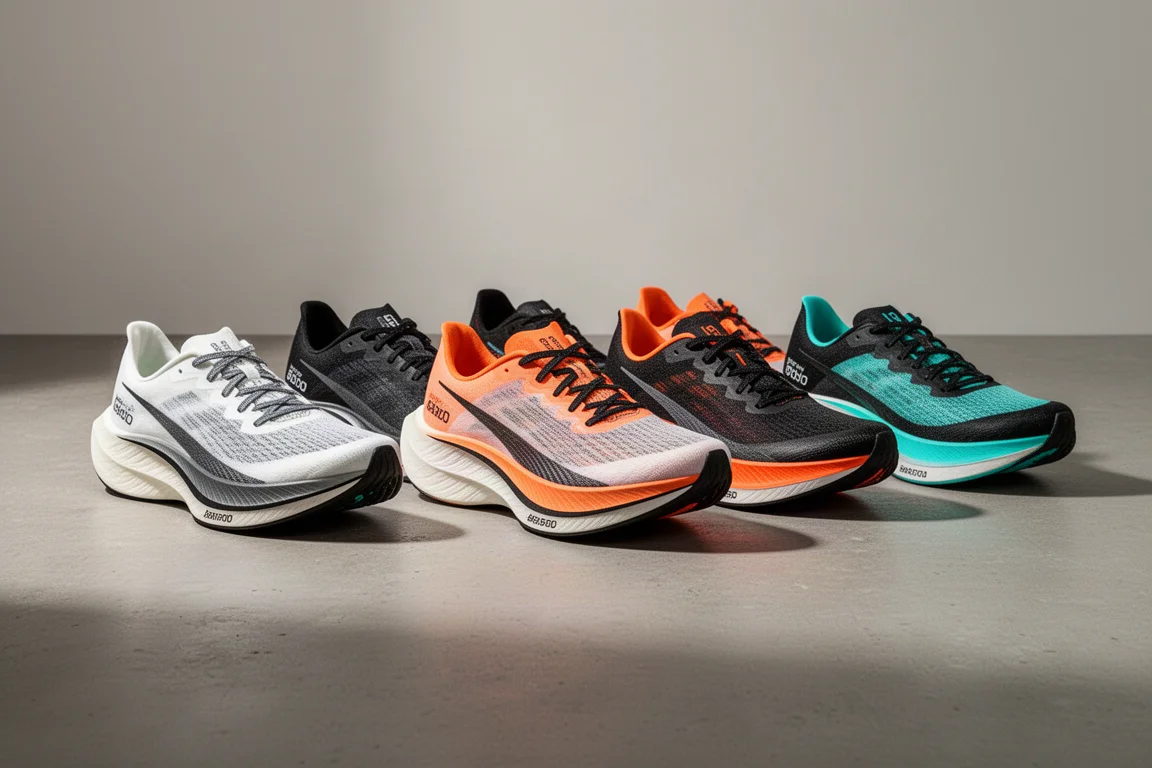 Seven carbon-plated marathon racing shoes arranged in a row on concrete