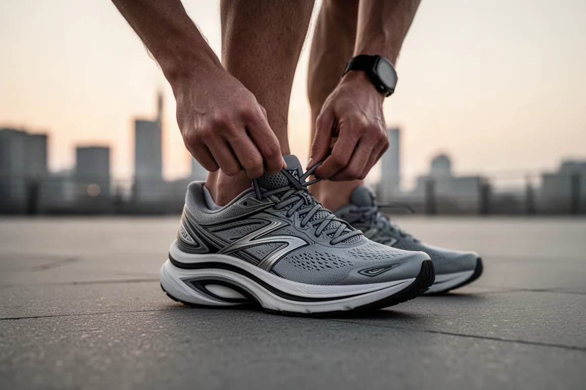 Runner lacing up a tall-stacked marathon shoe on a quiet city street before dawn