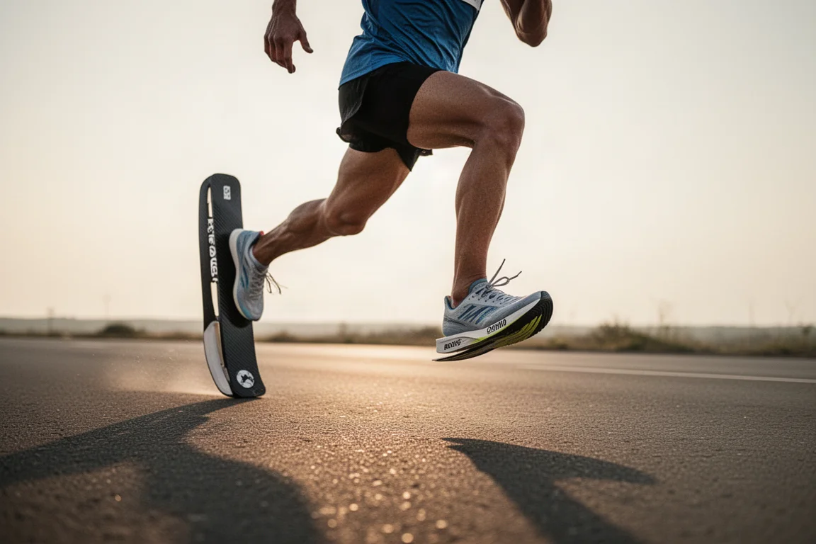 Runner striding at race pace on an open road under soft evening light