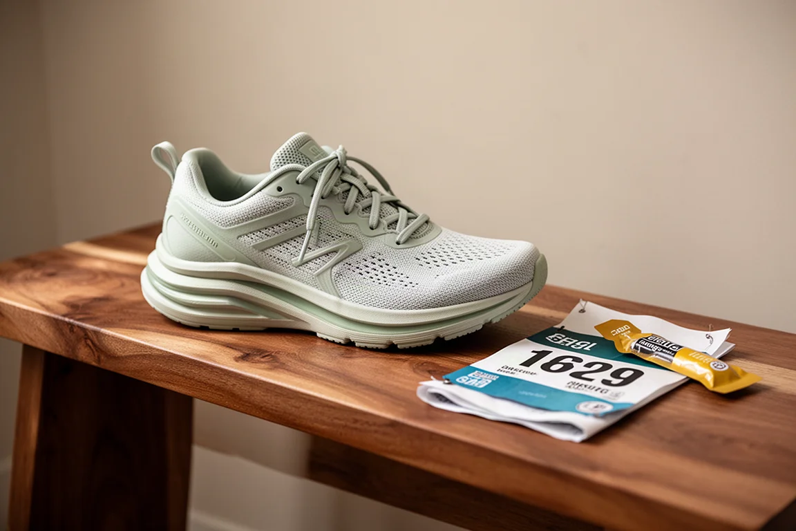 Lightweight trainer resting on a wooden bench beside a race bib and gel