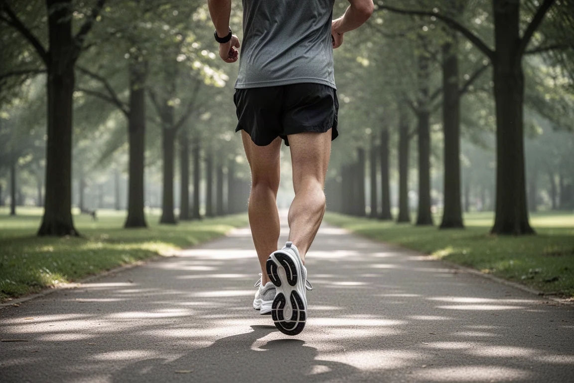 Runner walking along a tree-lined park path wearing plush cushioned trainers