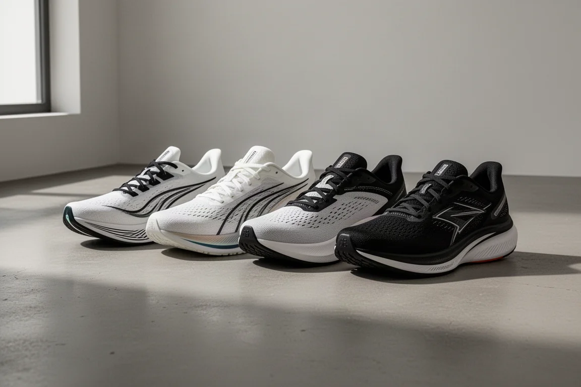 Lineup of five modern marathon running shoes on a concrete floor