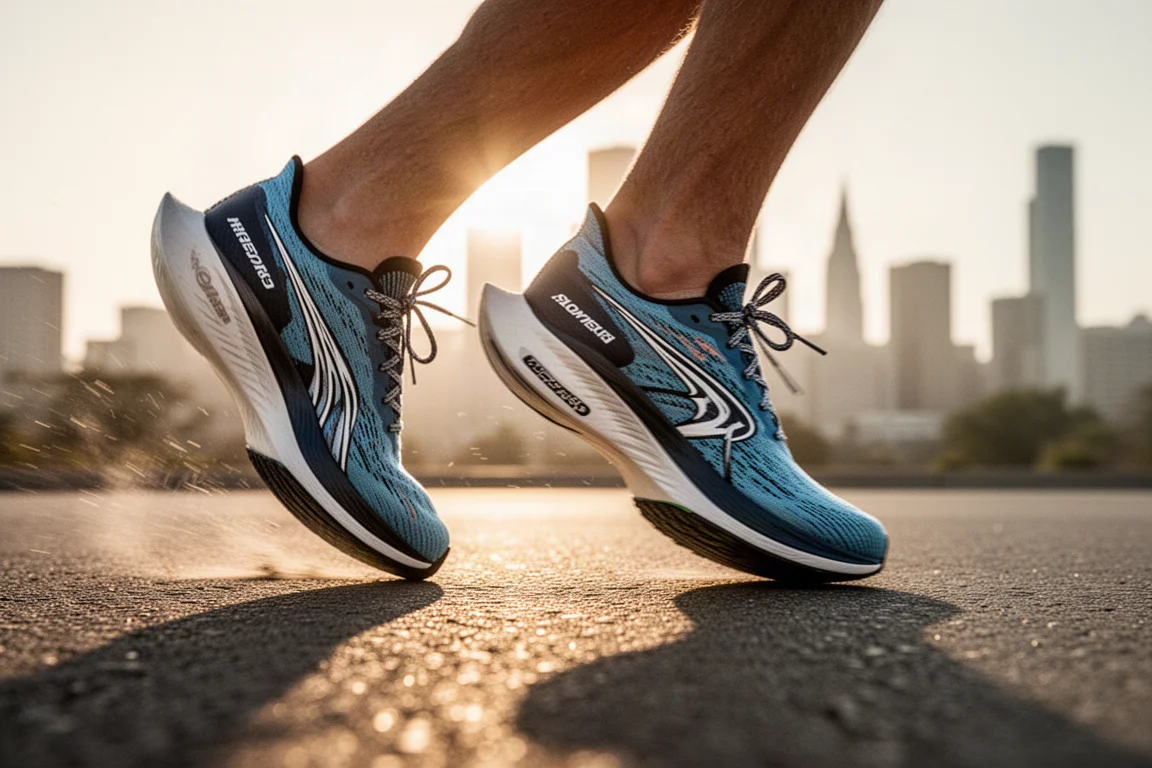 Runner al miglio 20 di una maratona, primo piano di una super scarpa