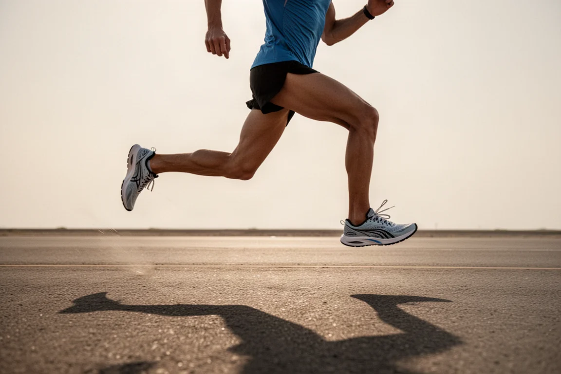 Runner leggero su strada in falcata su asfalto aperto