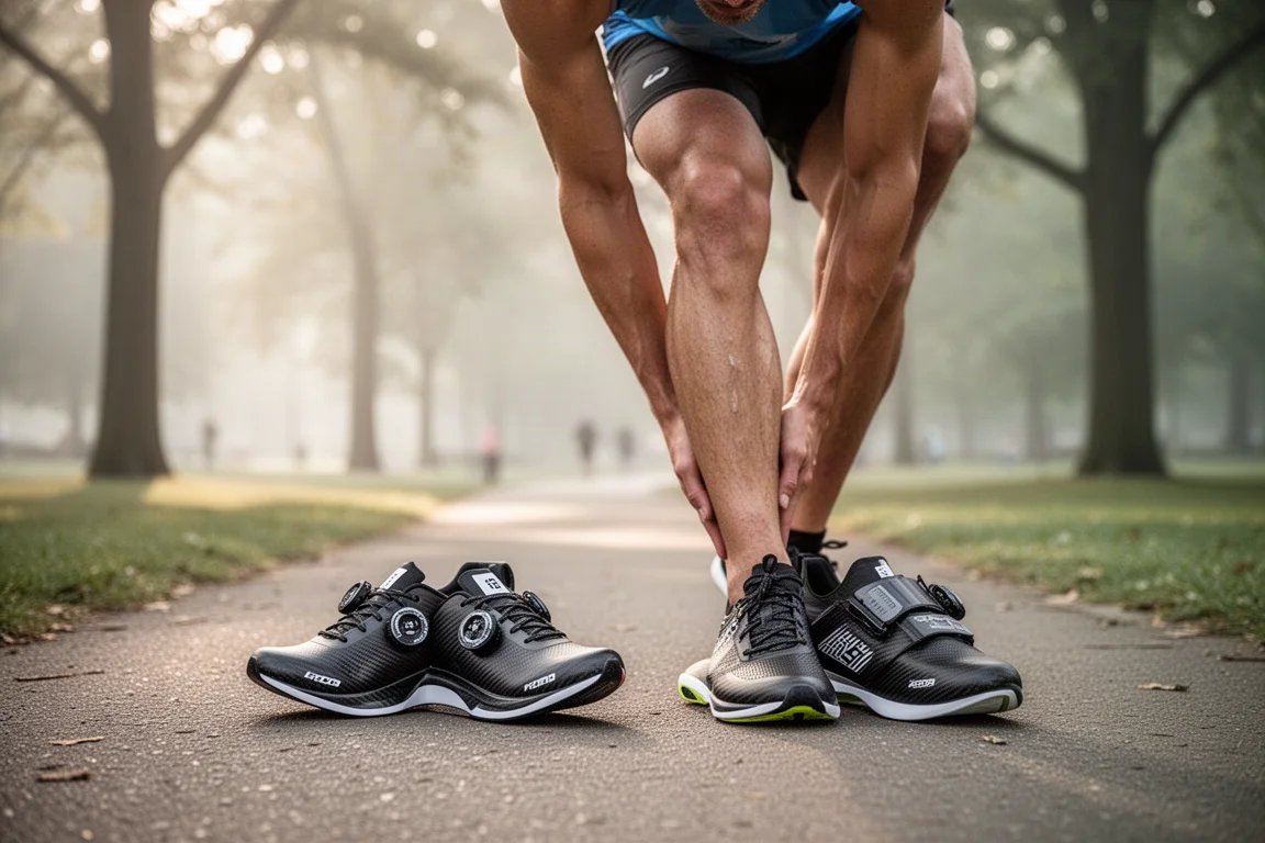 Runner che si allunga accanto alle scarpe da gara prima di una corsa