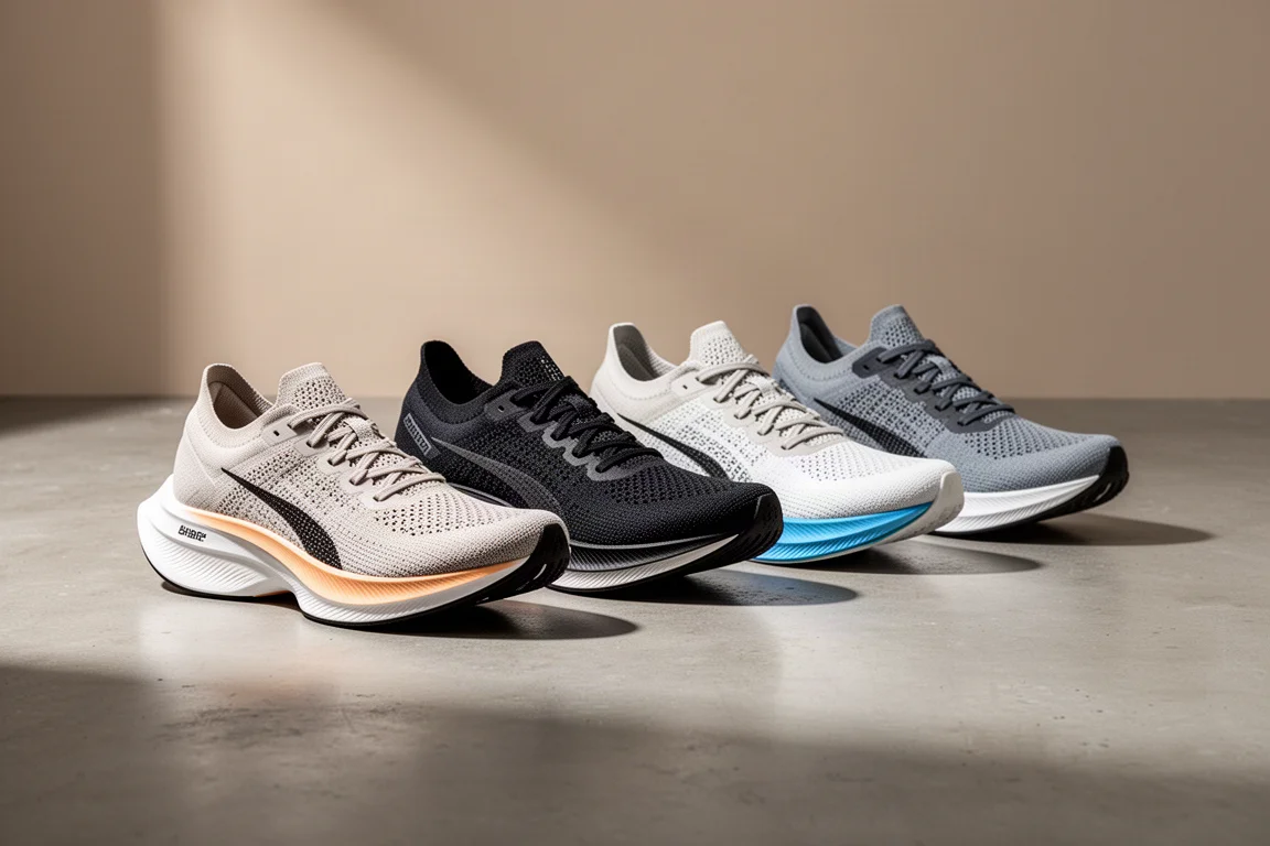 Row of five modern marathon racing shoes on concrete surface