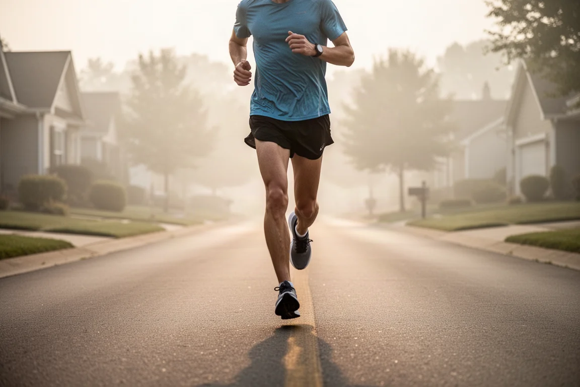 Runner settling into a steady rhythm on an open marathon course at dawn