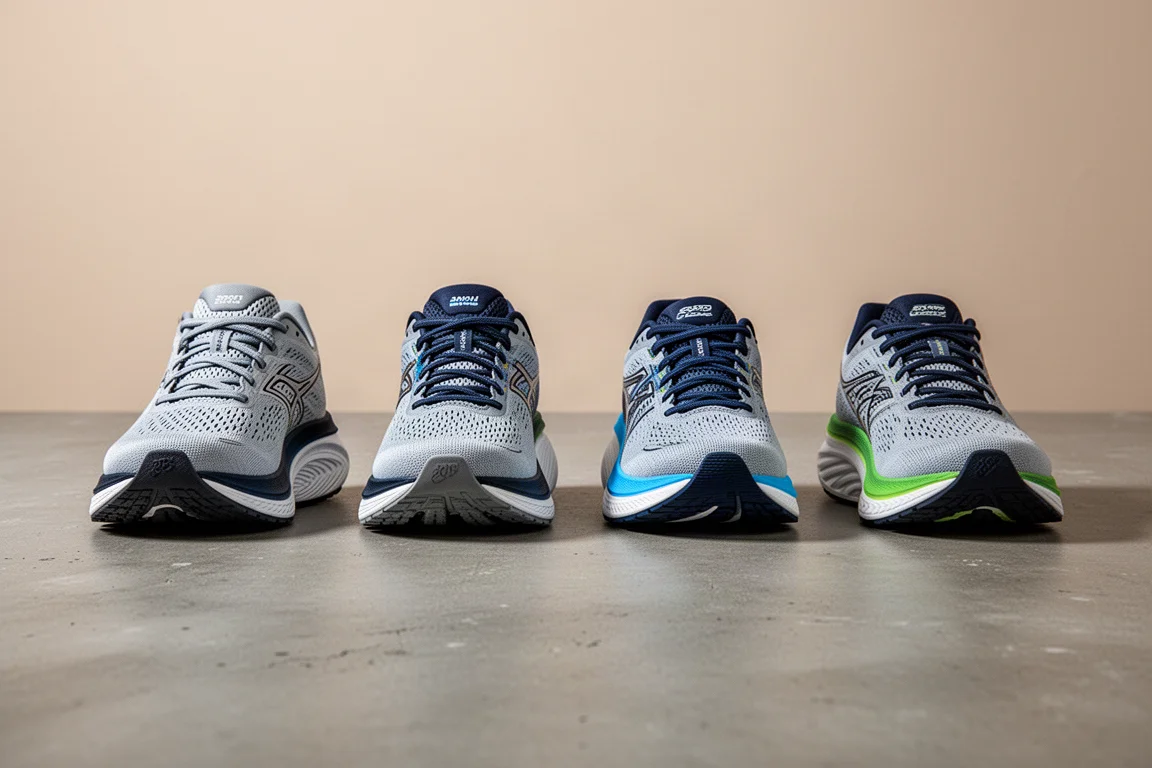 Runner landing midfoot on rolling suburban road in soft afternoon light