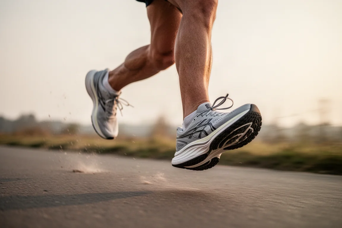 Runner pushing up on toes at speed on a track in low evening light