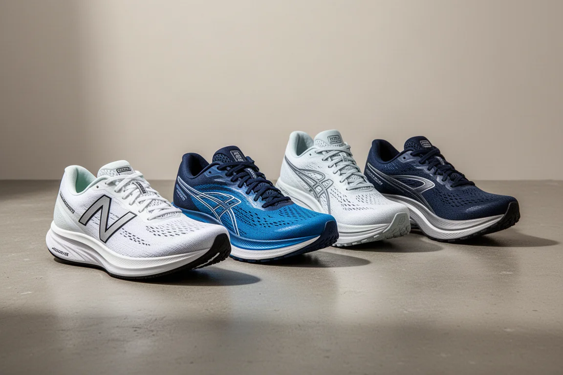 Four marathon racing shoes arranged in a row on a concrete surface