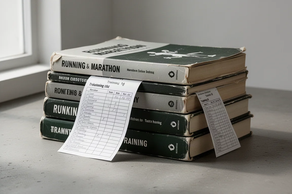 Stack of worn marathon training books on a concrete surface