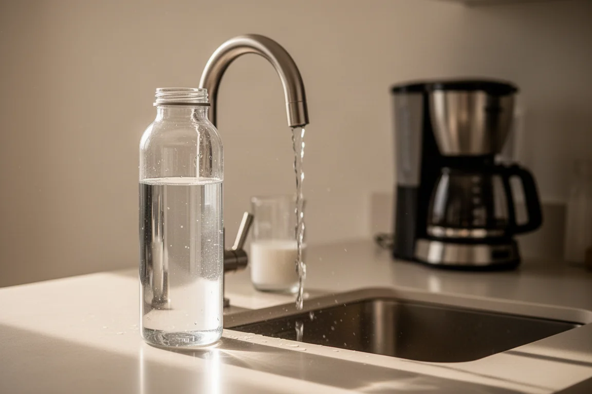 Runner filling a water bottle at a kitchen counter in early morning light