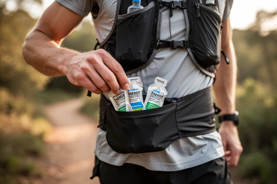 Energy gel packets arranged on a running vest pocket during a training run