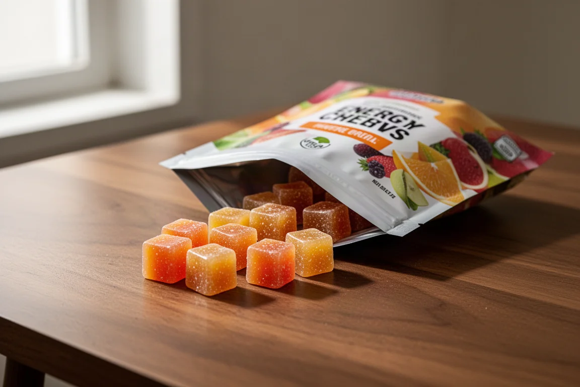 Energy chews spilling from an open pouch on a wooden table