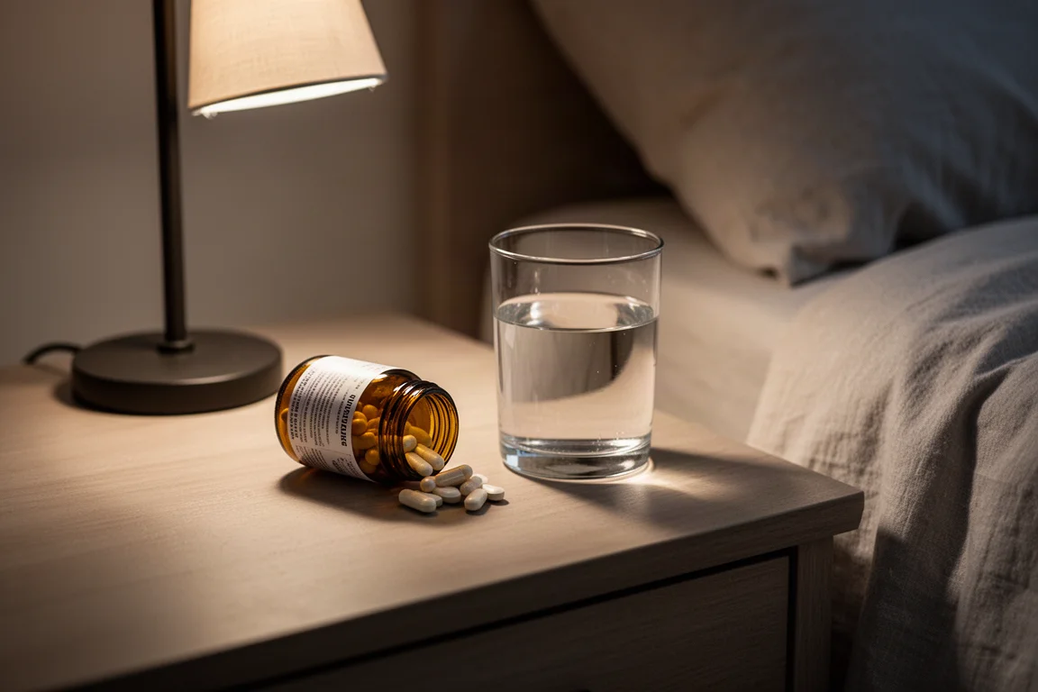 Supplement pills beside a glass of water on a bedside table at night