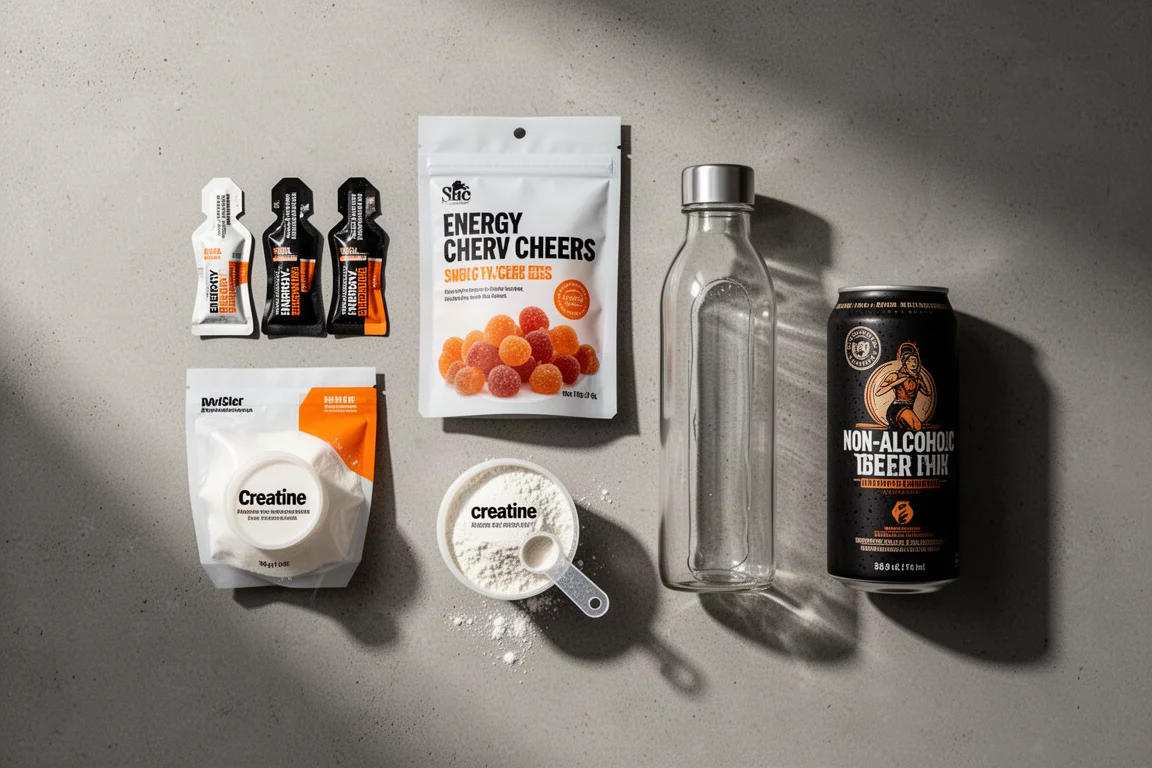 Flat-lay of gels, chews, creatine, and drinks for marathon fueling on concrete