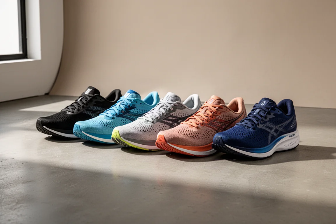 Lineup of colorful road running shoes on a concrete studio floor