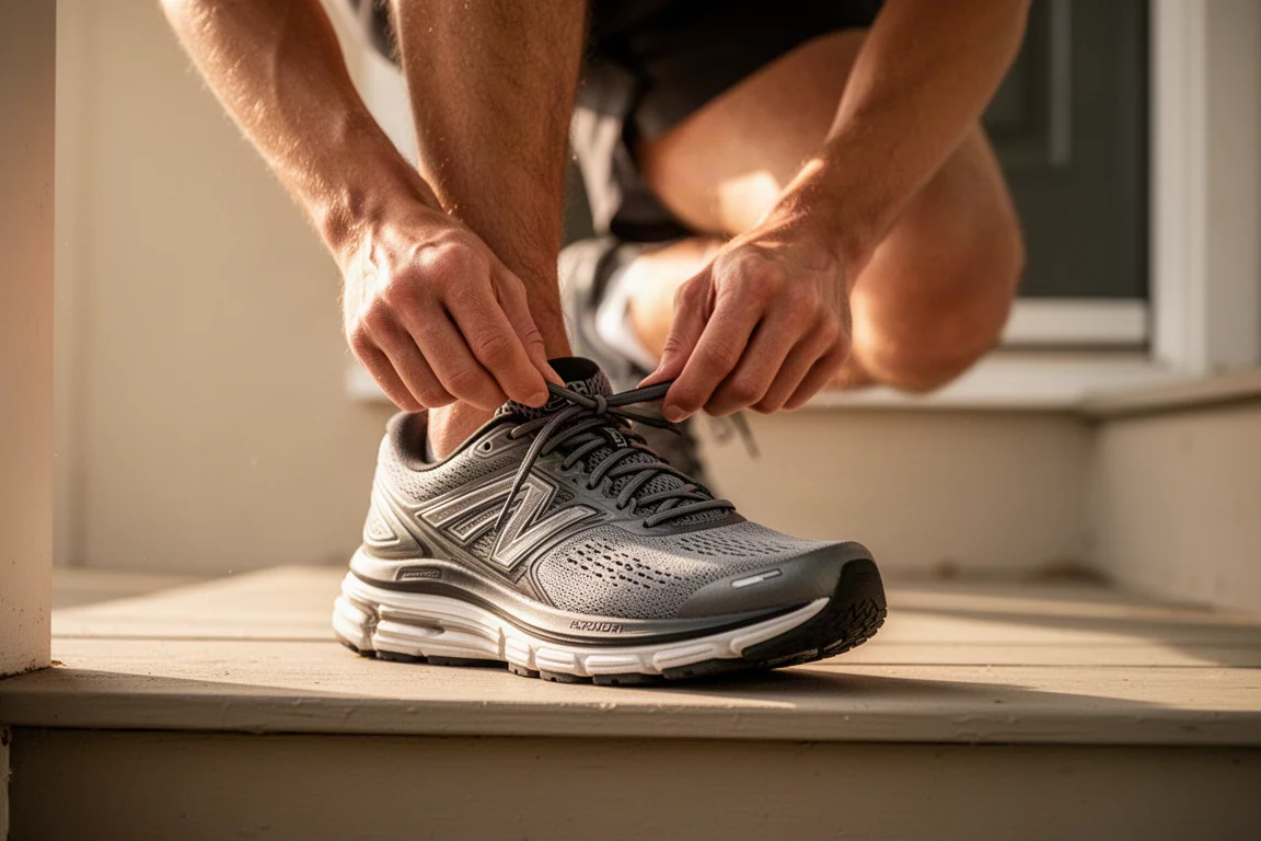Corredor atándose los cordones de una zapatilla amortiguada antes de una tirada larga matinal