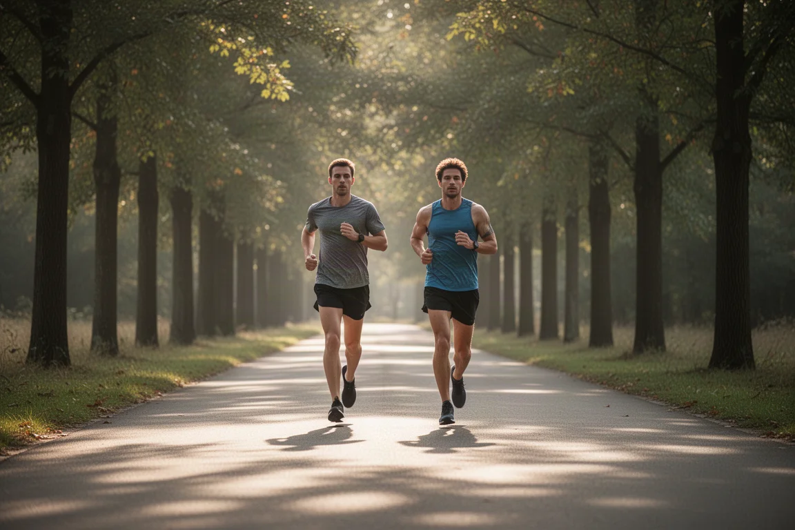 Corredores trotando con tranquilidad por un sendero arbolado y silencioso a ritmo suave