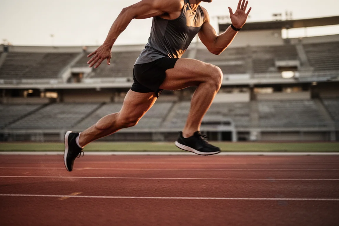Atleta realizando repeticiones rápidas en una pista de atletismo al anochecer