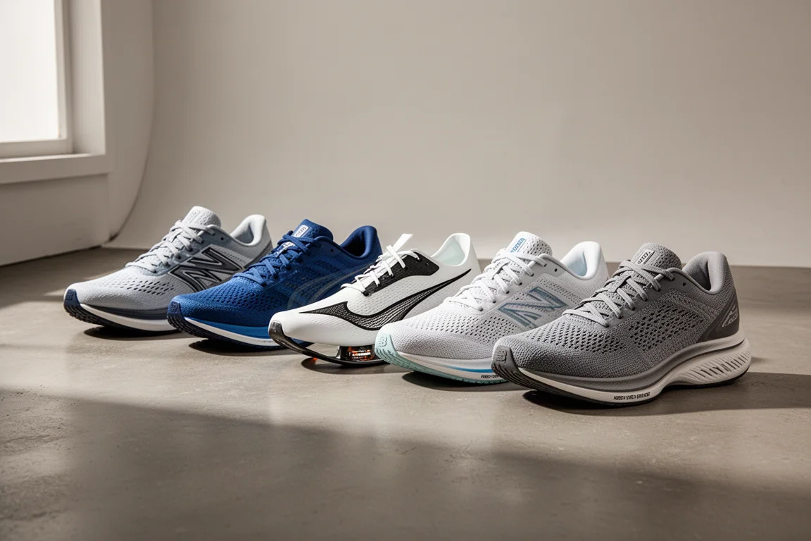 Seven running shoes of varied styles lined up on a concrete studio floor