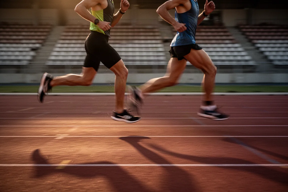 Läufer absolvieren Intervallserien auf einer Leichtathletikbahn in der Abenddämmerung