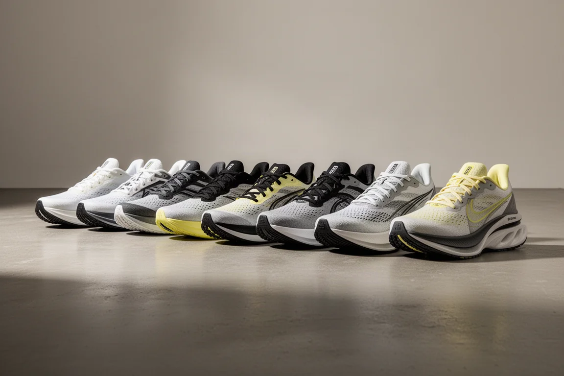 Lineup of twelve modern running shoes on a concrete studio floor