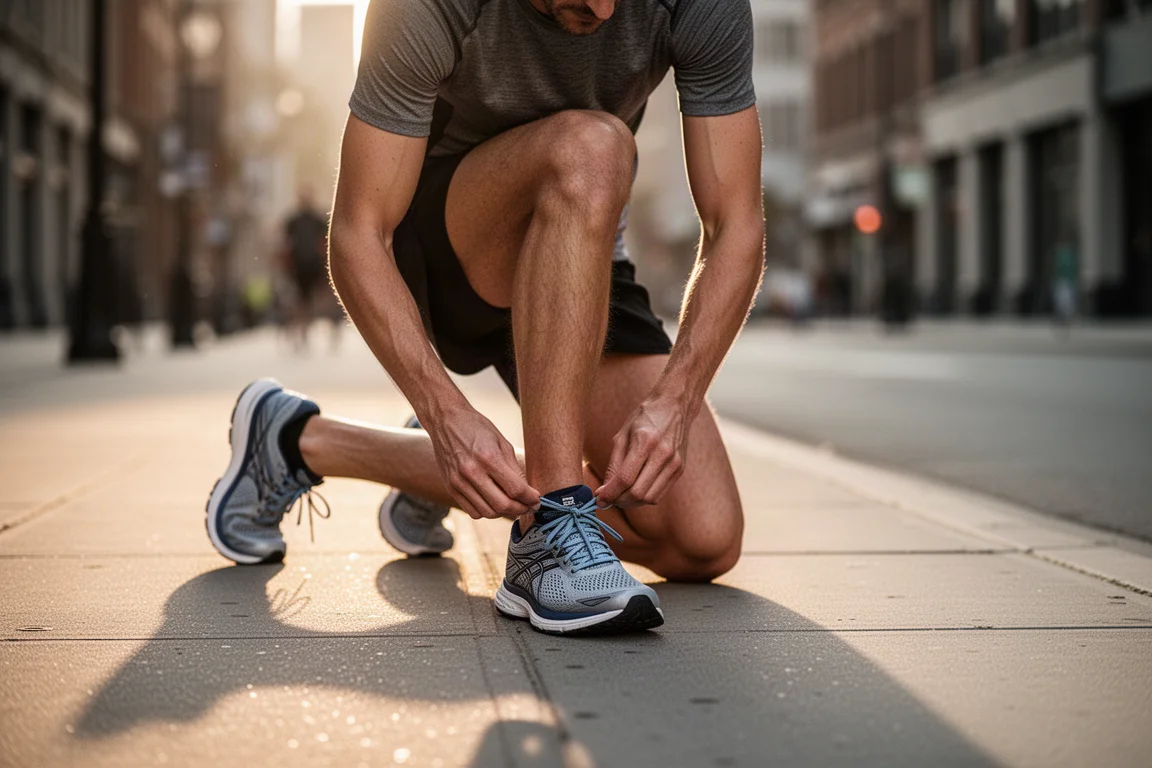 Runner tying laces on a running shoe before an early morning run