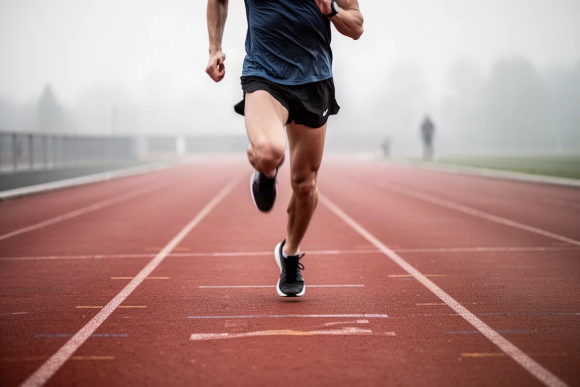 Athlete running interval repeats on a red athletics track