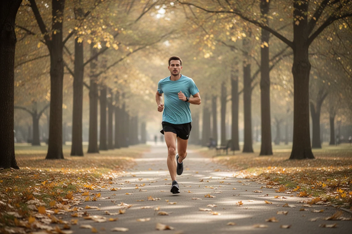 Runner easing through a slow recovery jog on a tree-lined path