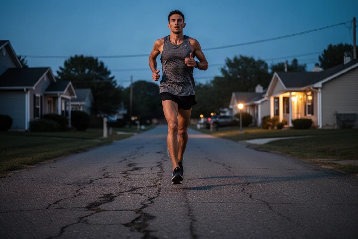 Runner finishing a long training run on a quiet suburban road at dusk