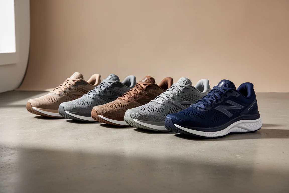 Six running shoes lined up on a concrete studio floor