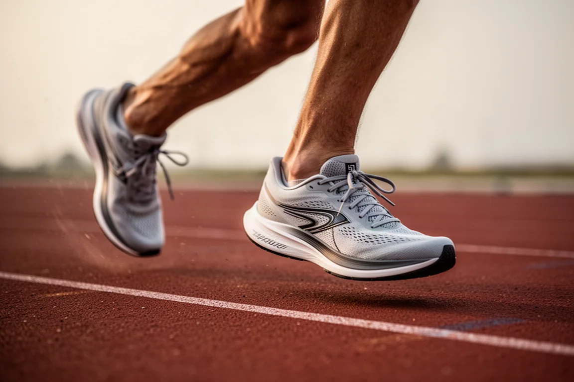 Primo piano di scarpe da running a metà falcata su una pista durante una seduta di intervalli