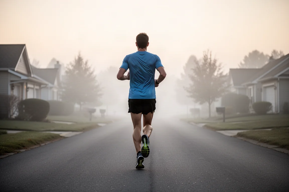 Corridore che trova il ritmo in un lungo tranquillo su una strada silenziosa all'alba