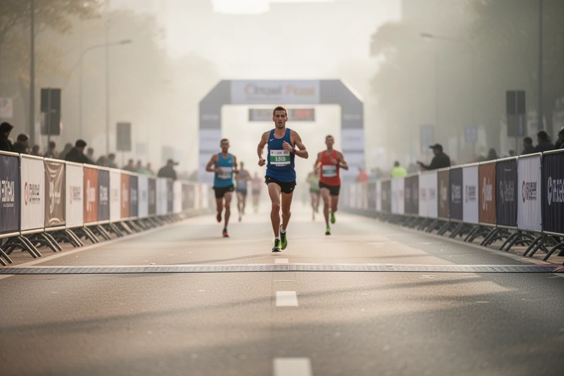 Corsia di arrivo della maratona con corridori in avvicinamento nella luce soffusa del giorno