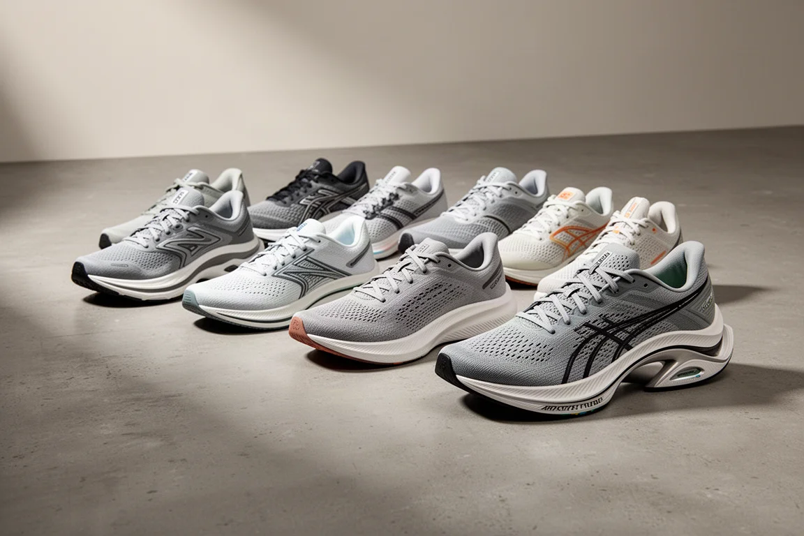 Ten modern running shoes lined up on a grey concrete surface