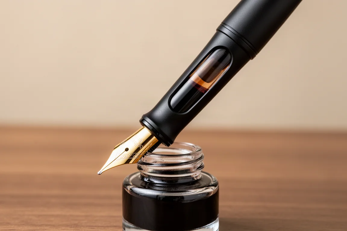 Penna stilografica nera opaca che si riempie di inchiostro, con finestra sul fusto che mostra il livello