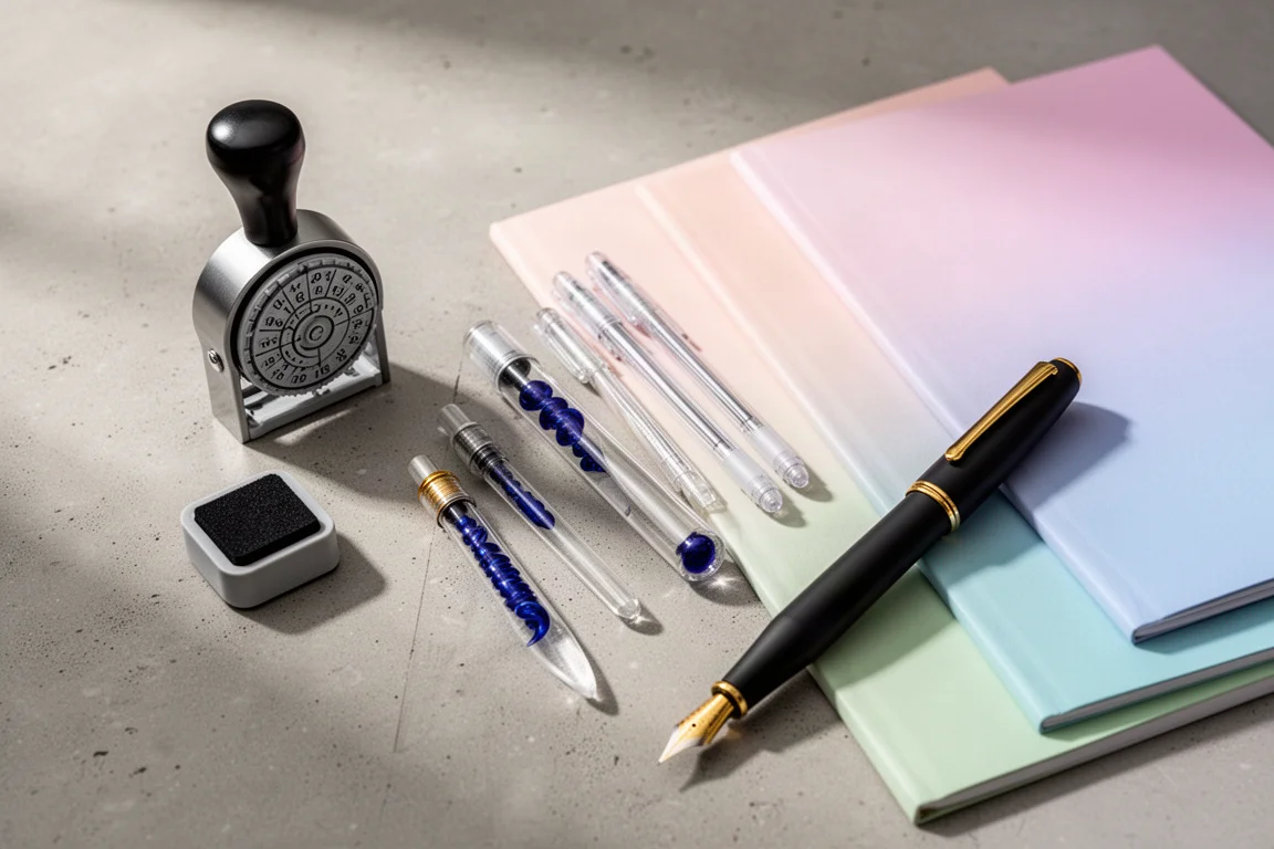 Flat-lay of stamps, glass pen, gel pens, pastel notebooks, and a matte black fountain pen