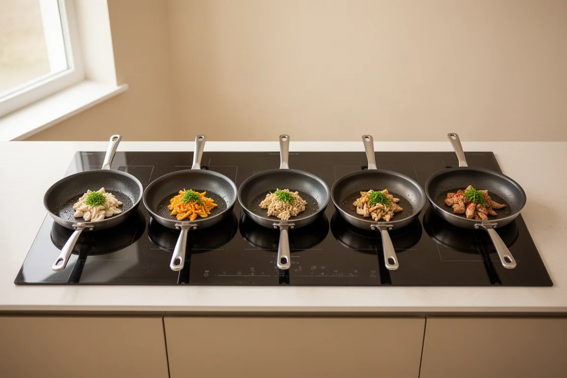 Frying pans lined up on a stovetop during a side-by-side cooking test