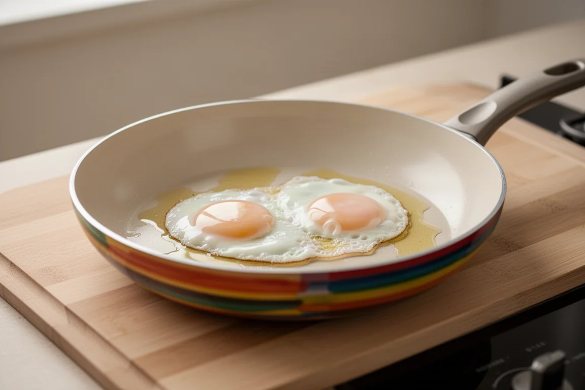 Fresh ceramic-coated pan with eggs sliding across the cooking surface