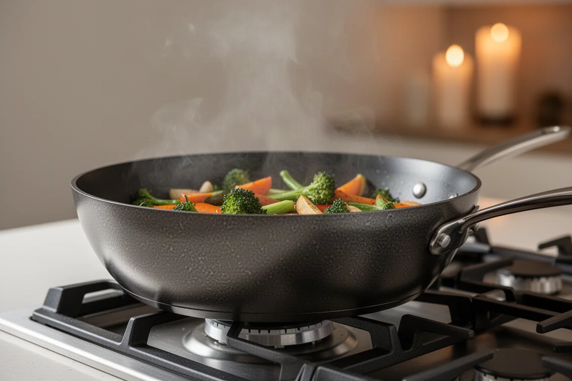 Titanium-textured pan searing food evenly on a gas flame