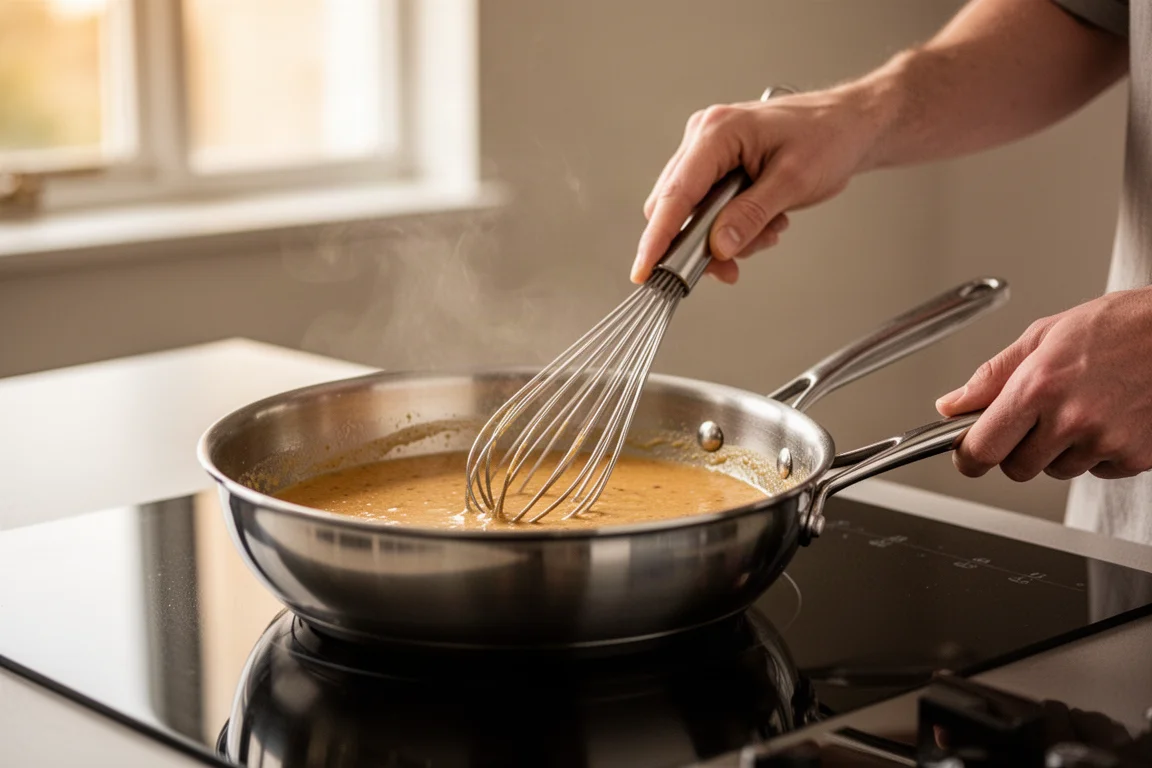 Person whisking sauce in a stainless steel pan in a home kitchen