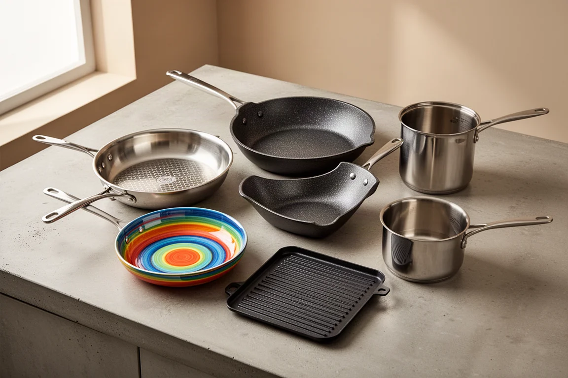 Assorted frying pans and cookware from five brands arranged on a concrete counter