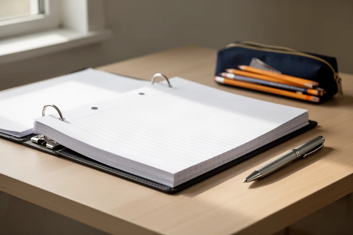 Binder delgado abierto sobre un escritorio con papel de hojas sueltas rayado y un bolígrafo de escritura suave