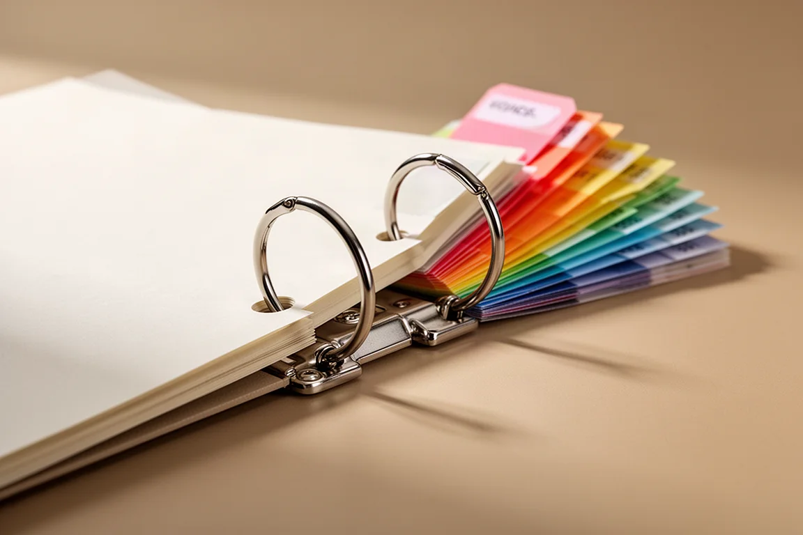 Primer plano del mecanismo de anillas de un binder abriéndose con pestañas índice visibles