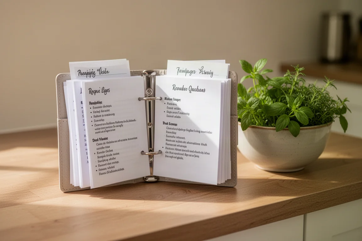 Binder mini con fichas de recetas escritas a mano sobre la encimera de una cocina