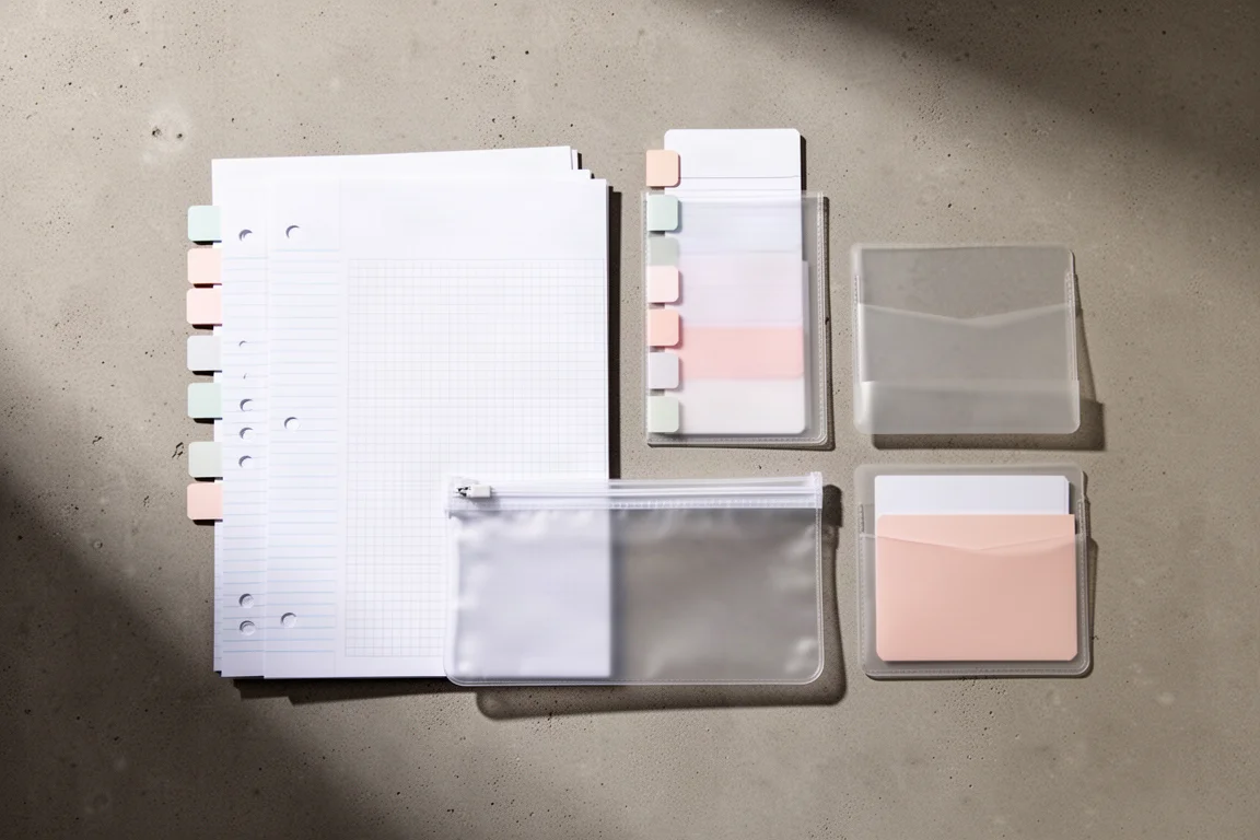 Composición plana de hojas de papel suelto, separadores y bolsillos con cremallera sobre hormigón