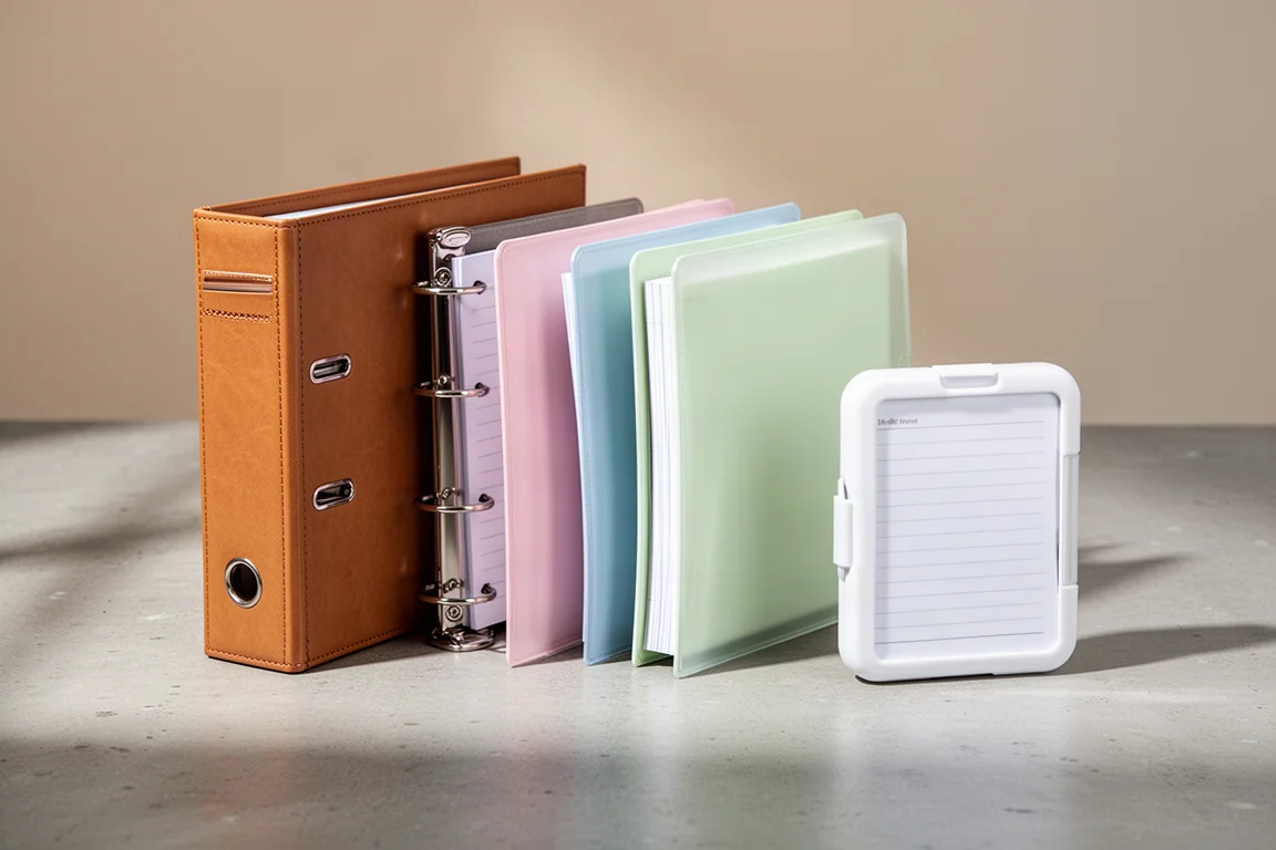 Row of slim loose leaf binders in different sizes on a concrete surface