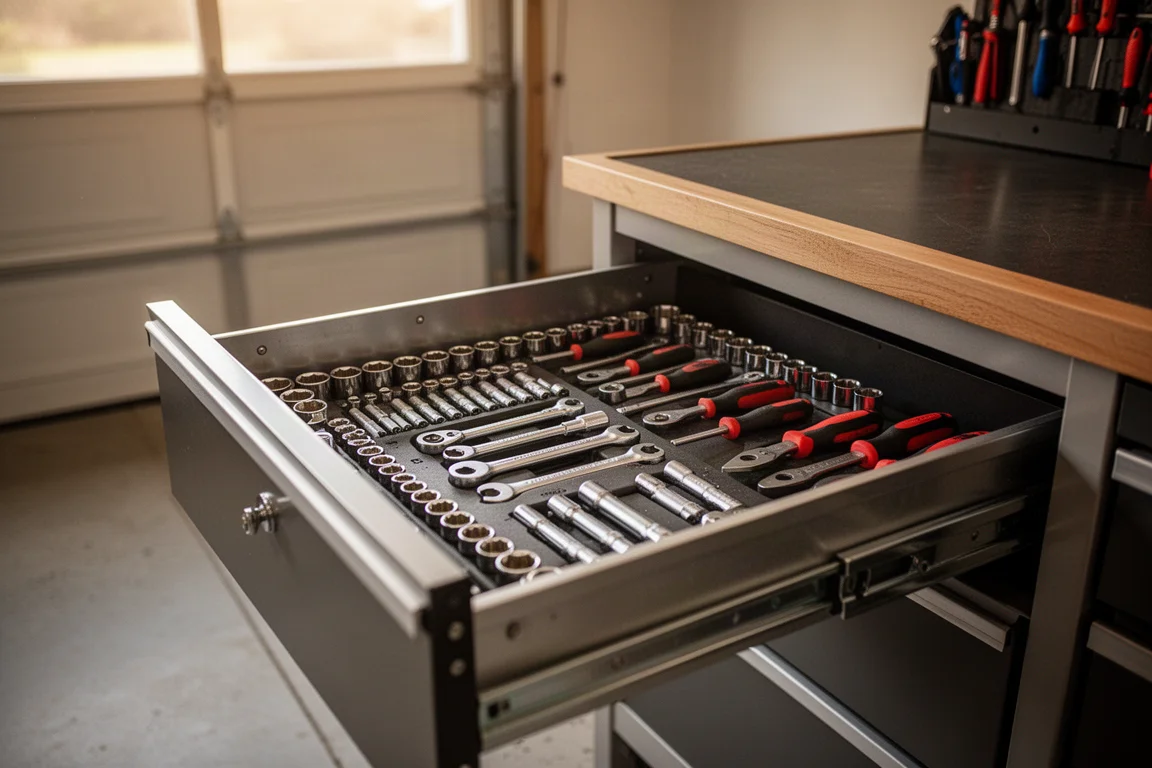 Werkzeugkastenschublade eines Mechanikers mit Einsatztrays bei routinemäßiger Heimwerker-Wartung