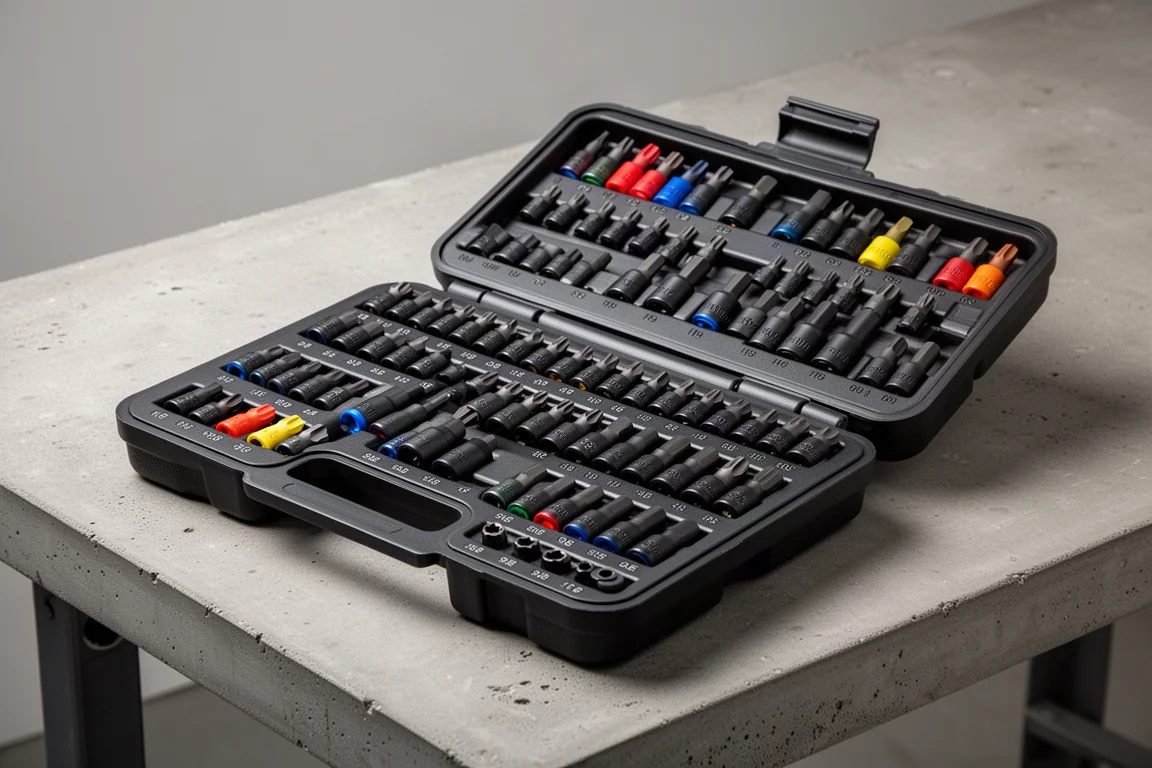 Open multi-tray master bit socket set with color-coded sockets on a workbench